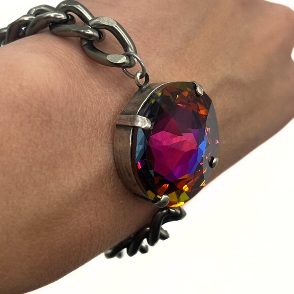 Handcrafted Large Exotic Red w/ Blue Swarovski Crystal Chunky Chain Bracelet - Picture 7 of 16